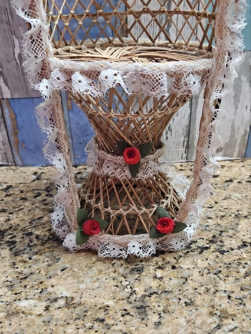 Mini Peacock Wicker Fan Back Rattan Chair Doll Plant Stand Boho Decor - 14